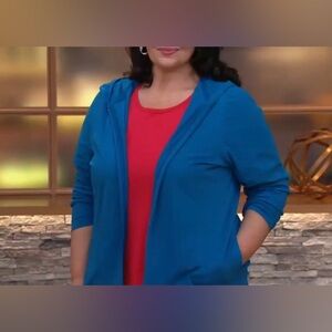 Denim and Co. zip front hooded jacket, teal blue, size medium